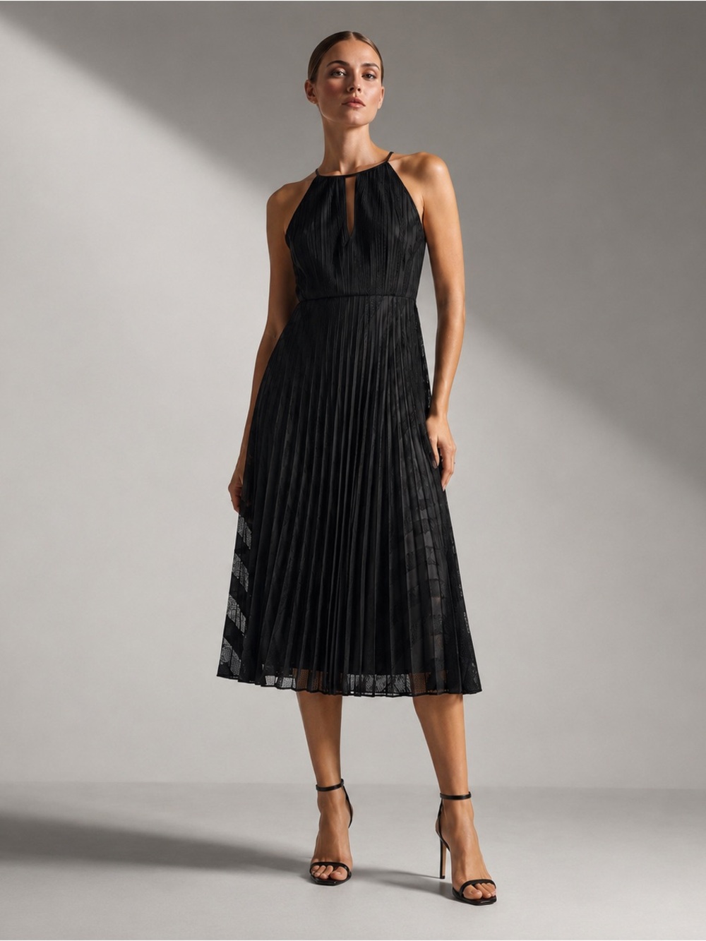 NWT Theory Pleated Midi Dress Black Mod Lace Size 2